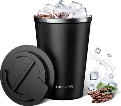 Zdjęcie produktu dla Ceramiczny kubek do kawy, 380 ml, czarny, z pokrywką zapobiegającą wyciekaniu