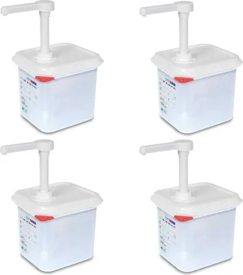 Produktbild von 4x Pumpspender für Saucen, 2,6 Liter, pro Hub 30 ml, mit dichtschließendem Deckel, PP, LxBxH 176 x 162 x 190 mm