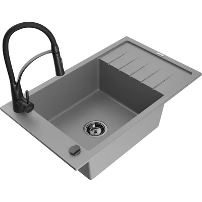Obrázek produktu pro Mexen Elias 1-miskový granitový dřez s odkapávačem a kuchyňskou baterií Aster, Šedá - 6511-71-73450-70-B