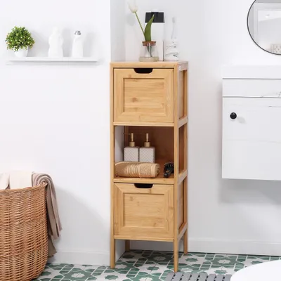 Produktbild von Bambus-Schrank - Aufbewahrungsschrank - Badezimmerschrank - Geschlossener Schrank - Schrank mit Schubladen - Natürliches Bambus
