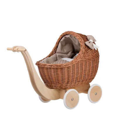 Obrázek produktu pro Proutěný kočárek pro panenky Lili s béžovým lemováním, přikrývkou a polštářkem 48 cm