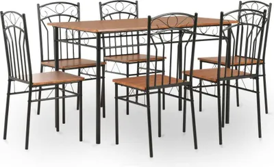 Image de Ensemble de salle à manger exclusif - 7 pièces, en MDF et en acier, couleur marron