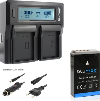 Produktbild von 1x Akku + Lader für Nikon EN-EL24 1 J5, DL18-50 f/1.8-2.8, DL24-85  800 mAh