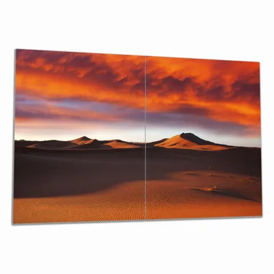 Produktbild von Wallario Herdabdeckplatte aus Glas, Größe 80 x 52 cm 2-teilig, Motiv Sahara Wüste II - Sanddünen im Sonnenuntergang