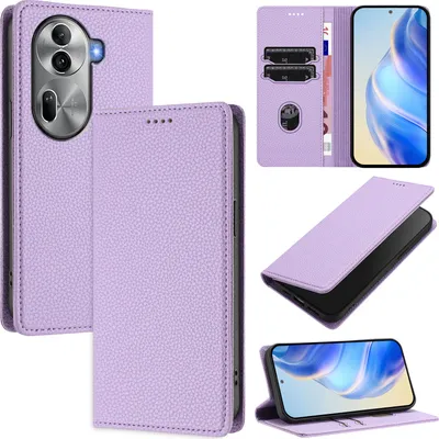 Produktbild von Litchi Leder Handyhülle für Oppo Reno11 Pro Wallet Kartenfächer Standfunktion Hülle Violett