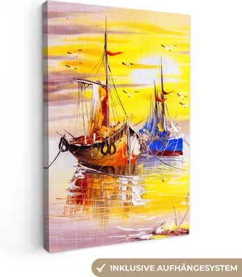 Produktbild von MuchoWow® - Leinwandbilder - Malerei - Boot - Wasser - Ölfarbe, Wandbild, Wanddeko Bilder Wohnzimmer, 80x120 cm