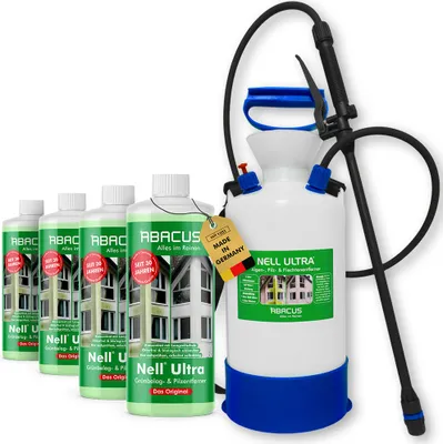 Produktbild von ABACUS® Nell Ultra Grünbelagentferner & Algenentferner Konzentrat Entfernt Grünbelag & Algen selbsttätig mit Langzeitschutz 4x 1000ml mit Sprühgerät