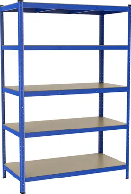 A blue metal shelving unit with five shelves against a white background.