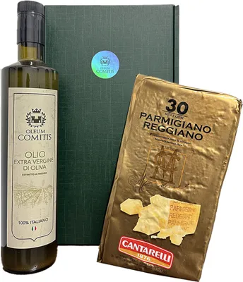 Obrázek produktu pro Oleum Comitis - Extra panenský olivový olej 100% italský - Dárkové balení s lahví 750 ml a Parmigiano Reggiano DOP Cantarelli 30 měsíců