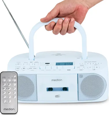 Produktbild von MEDION DRX-1 Plus Boombox (tragbares DAB+ UKW Radio, Bluetooth, CD-Player, MP3, Kassette, Kopfhöreranschluss, Stereo Sound System,  AUX, Netz & Batterie) blau