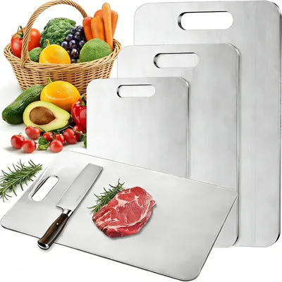 Image de Planche à découper en acier inoxydable, lot de 3 planches à découper en titane, planche à découper double face en acier inoxydable 304 de qualité alimentaire, pour la cuisine et les pique-niques.