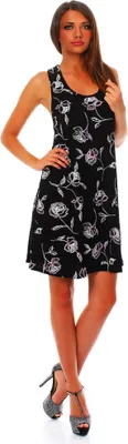 Produktbild von Wil Damen Sommer Kleid Minikleid Top Tunika Trägerkleid mit offenen Schultern mit Kreuz am Rücken Schwarz mit Muster M