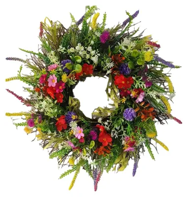 Produktbild von Bunter Wildblumen-Frühlings-Sommer-Kranz, künstlicher Blumenkranz mit grünen Blättern für Haustür, Wand, Landhausstil, Innen- und Außendekoration L
