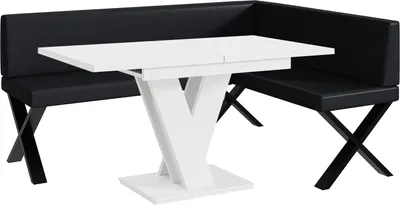 Produktbild von MEBLINI Eckbank für Esszimmer mit ausziehbarem Tisch  - Küchenbank - Essecke - Sitzecke Küche - ERIC - X-Beine 128x168x87cm Rechts - Schwarz Kunstleder/M Weiß Matt