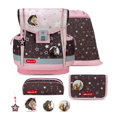 Produktbild von Belmil Classy Plus ergonomisches Schulranzen-Set 5-teilig "Champion Horses" mit Brustgurt, Magnetverschluss, Patch Set 3 Stück