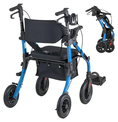 Immagine prodotto di SucceBuy Deambulatore pieghevole 2 in 1 con sedile, deambulatore leggero con ruote, ausilio per la deambulazione fino a 136 kg con schienale, borsa e porta-bastone, ausilio per la deambulazione regolabile in altezza con funzione di bloccaggio per anziani, blu