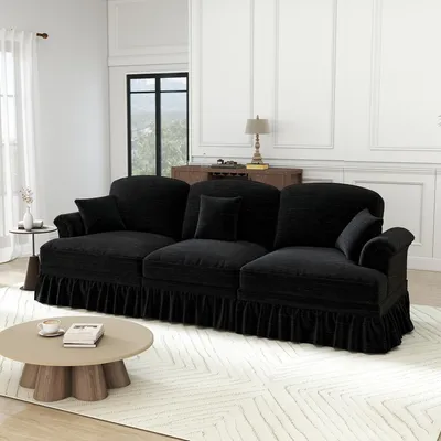 Produktbild von okwish Dreisitzer-Loungesofa Chaiselongue mit Trichter Armlehnen und spindelförmigen,Relaxsofa Chaiselongue Schlafsofa mit abnehmbaren Rüschenfaltenrock,Schwarz