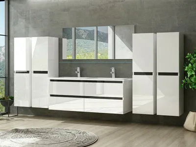 Produktbild von Doppelwaschtisch Weiß Hochglanz Doppel Waschbecken Badezimmer Badmöbel Set Dennis 8 Teilig