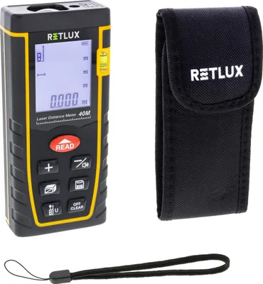 Obrázek produktu pro RETLUX RHT 100 Laserový dálkoměr s délkou měření až do 40 metrů, měření délky, objemu, obsahu, pamět na 30 měření,  funkce sčítání, odčítání měřených hodnot, kontinuální měření