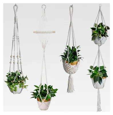 Produktbild von 4er Set Makramee Blumenampel aus Baumwollseil, Hängend für Innenräume, Boho Deko für Blumentöpfe im Garten, Balkon und Fenster