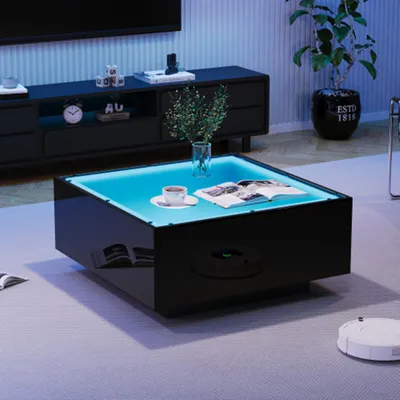 Produktbild von Couchtisch mit Glastischplatte, geometrischer Kaffeetish mit LED-Leuchten, hochglänzende Wohnzimmertisch, Sofatisch,Beistelltisch 70*70*36cm