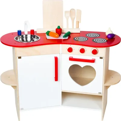 Produktbild von Schöne Kinderküche Spielküche aus Holz für Kinder inkl. Zubehörset - Farbe weiß rot natur