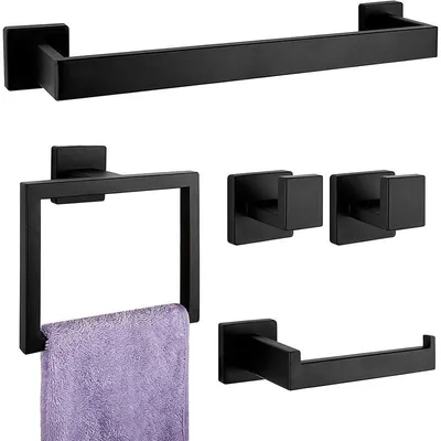 Image de Ensemble d'accessoires de salle de bain, comprenant un porte-serviettes mural en acier inoxydable noir mat.