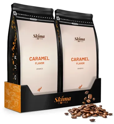 Image de Café en grains 2 x 1 kg PARADIS CARAMEL aromatisé 100 % Arabica fraîchement torréfié pour machine automatique + dessous de verre