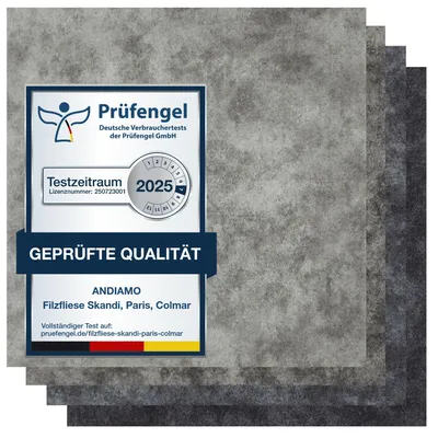 Filzfliese beige-grau Cloud-Design mit Prüfengel-Siegel, Muster in dunkelgrau, hellgrau, anthrazit.