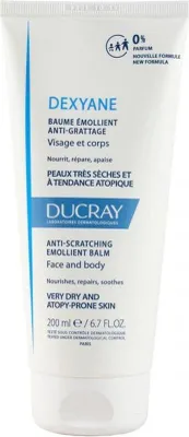 A white tube of Ducray Dexyane Anti-Scratching Emolient Balm.