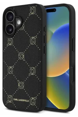 A black iPhone case with a gold Karl Lagerfeld pattern and logo is shown next to an iPhone.