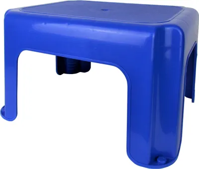 A blue plastic stool on a white background.