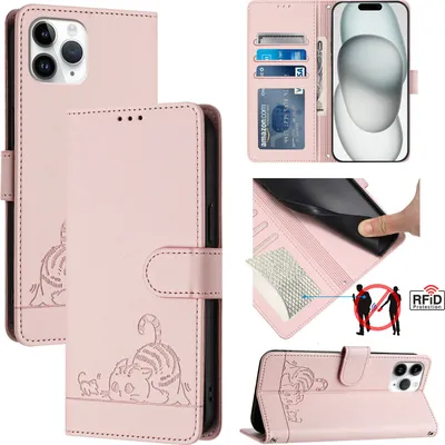 Produktbild von Leder Hülle für iPhone 11 Pro Süße Katze Flip Case Brieftasche Schutzhülle mit Standfunktion Pink