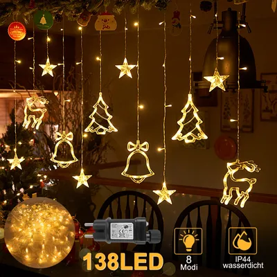 Produktbild von LZQ 138 LED Weihnachtsbeleuchtung Lichtervorhang Warmweiß LED String Lights Sterne & Weihnachtsmuster für Christmas Weihnachtsdeko