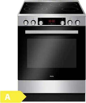 A front view of a freestanding electric oven with a glass door and a ceramic hob.