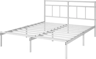 Technische Illustration des weißen Metallbettes in leicht geneigter Perspektive.