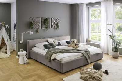 Produktbild von Meise Möbel Polsterbett Cube 240x200 cm | Bettgestell | Kopfteil glatt | Cordstoff Taupe | Holzfuß schwarz