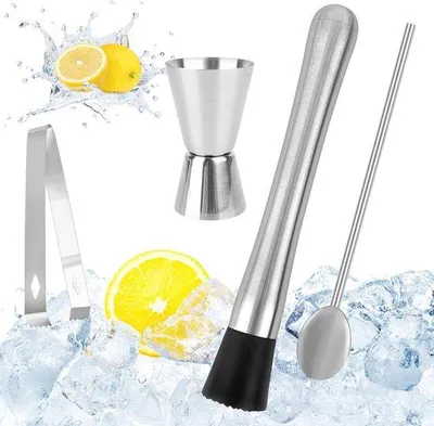 Zdjęcie produktu dla Zestaw barowy ze stali nierdzewnej do mojito, shaker, kostki lodu