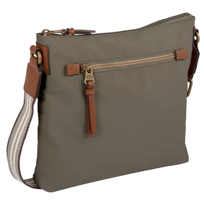 A khaki-colored crossbody bag with brown leather accents and a striped strap is shown against a white background.