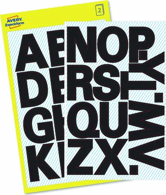 Produktbild von Avery Zweckform 3784, Buchstaben-Etiketten, 85 x 160 mm, 28 Sticker / 2 Bögen, Schwarz