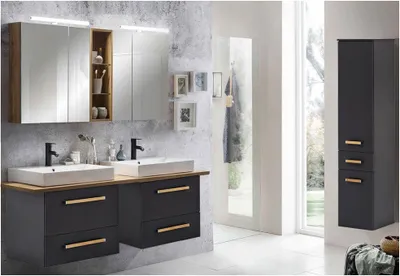 Produktbild von Badmöbel Komplett Set anthrazit mit Landhaus Eiche DABO-04 Doppelwaschtisch, LED-Spiegelschrank & Hochschrank,  B/H/T 210/200/50 cm