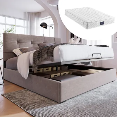 Produktbild von Flieks Polsterbett mit Matratze und Lattenrost Hydraulisches Doppelbett 140x200cm Massivholzbett mit Höhenverstellbarem Kopfteil Samt Stauraumbett, Hellgrau