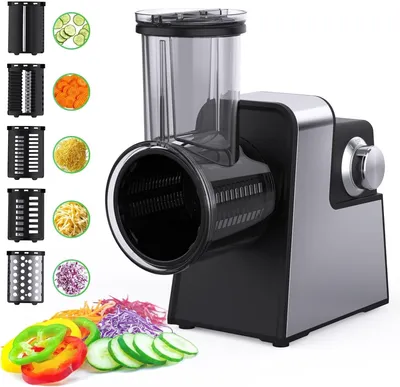 Produktbild von Elektro-Gemüseschneider, Elektro-Käsereibe mit 5 Vielseitige Klingen, Elektrischer Hobel Shredder, Salatmaschine für Küche, Gemüse, Käse, Nüsse
