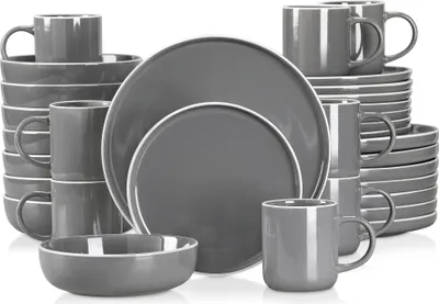 Zdjęcie produktu dla Zestaw naczyń z szarej kamionki, zawiera talerze, miski, kubki, szary 32 szt