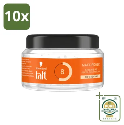 Imagen del producto de 10 unidades de gel para el cabello Taft Men Power Gel Maxx Power 8, envase de 250 ml, pack ahorro