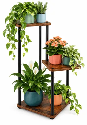 Imagen del producto de Relaxdays, estante para plantas, con 3 niveles triangulares, dimensiones: 78 x 58,5 x 31 cm, estantería para plantas de interior, estilo industrial, color /marrón, Imagen generada por IA