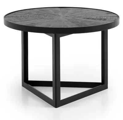 Couchtisch Mango Massivholz Rund 58x58x40cm Metall Schwarz Industrial mit runder Holzplatte und schwarzem Gestell.
