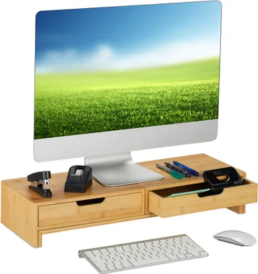 Image de Support pour 2 écrans Relaxdays, extensible, réglable, dimensions : 11 x 107 x 22 cm, rehausseur d'écran de bureau, couleur naturelle