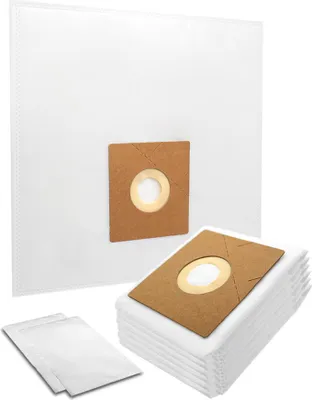 A collection of white vacuum cleaner bags with brown cardboard collars, arranged on a white background.