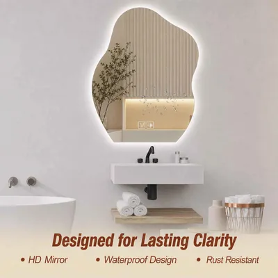 Produktbild von AIORBER LED Badspiegel Unregelmäßig Touch Anti-Beschlag 3 Lichtfarben Dimmbar Wandspiegel Design Asymmetrisch Badezimmerspiegel, 70x90 cm, Silber